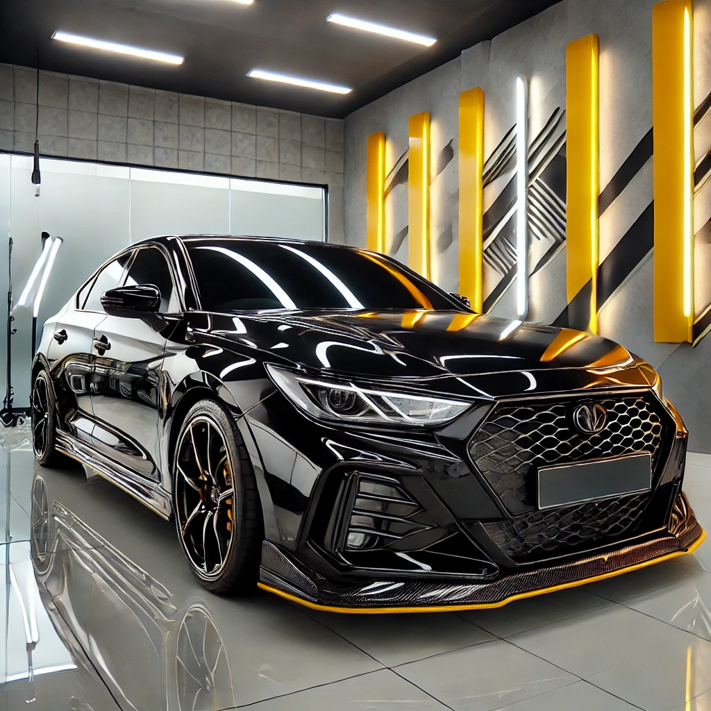Mobil hitam berkilau setelah layanan detailing di salon mobil terbaik Bandung dengan aksen kuning dan putih.
