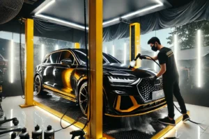 Mobil mewah di salon detailing terbaik di Bandung dengan hasil kilau premium.