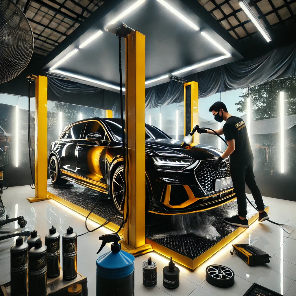 Mobil mewah di salon detailing terbaik di Bandung dengan hasil kilau premium.