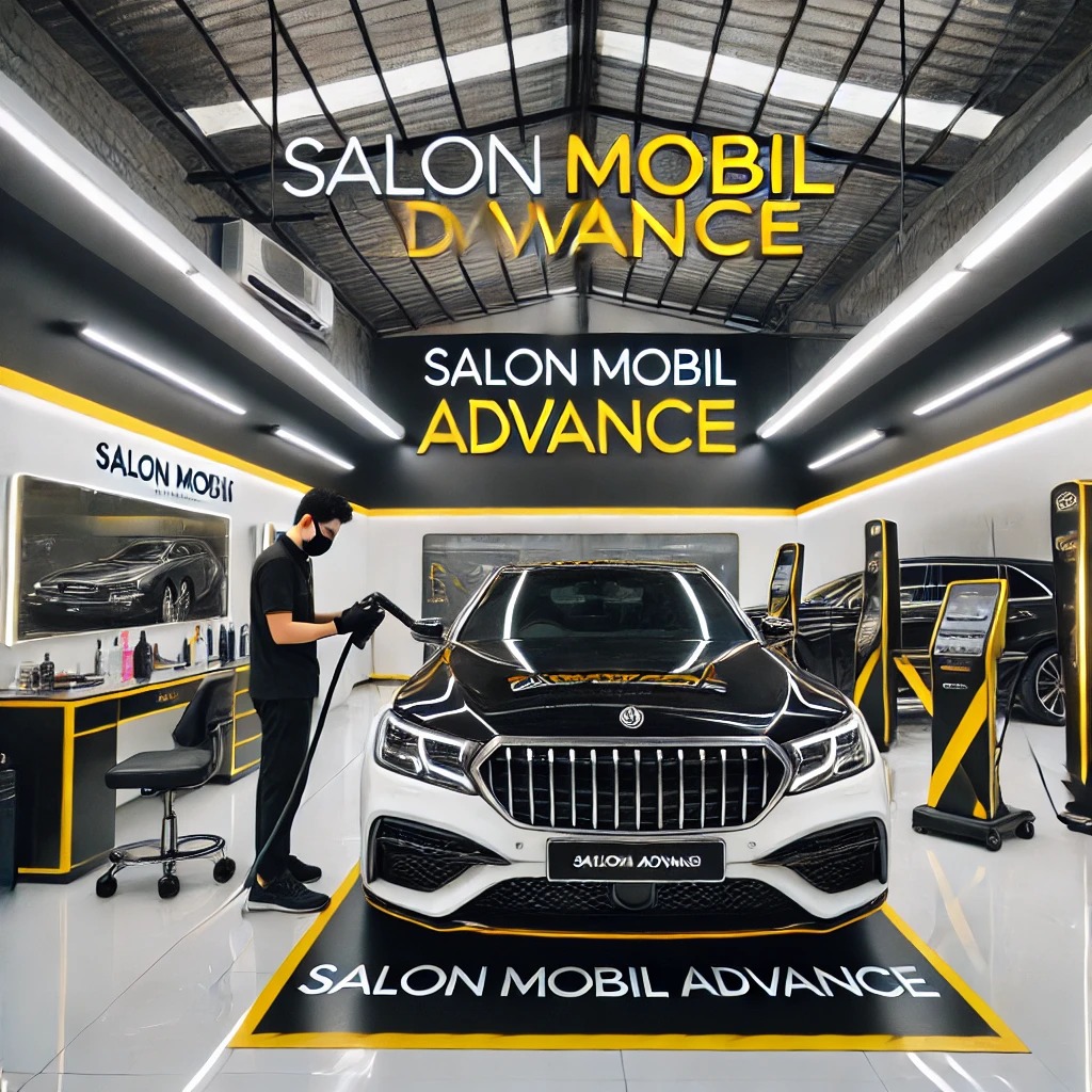 Mobil mewah sedang menjalani proses detailing premium di Salon Mobil Advance dengan tema warna hitam, kuning, dan putih.