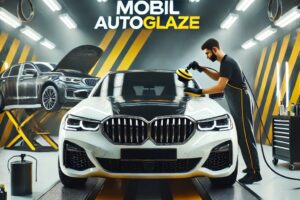 Sebuah mobil mewah sedang menjalani detailing premium di Salon Mobil Autoglaze dengan tema warna hitam, kuning, dan putih.