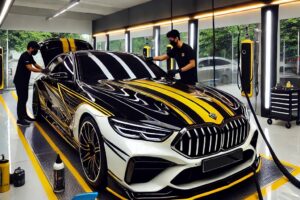 Mobil mewah sedang menjalani detailing di Salon Mobil Bandung Kopo Permai dengan tema hitam, kuning, dan putih.