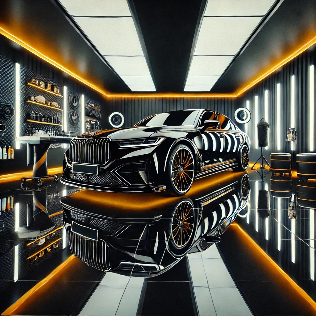 Mobil mewah dalam proses detailing di Salon Mobil Bandung dengan tema hitam, kuning, dan putih yang elegan.