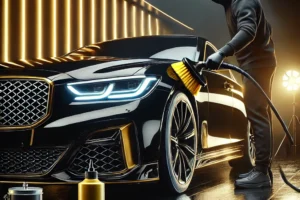 Mobil hitam mengkilap setelah mendapatkan layanan detailing profesional di Cimahi.