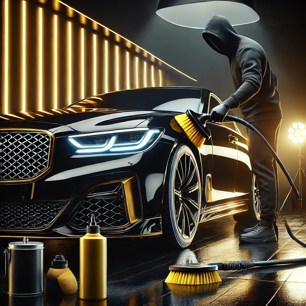 Mobil hitam mengkilap setelah mendapatkan layanan detailing profesional di Cimahi.
