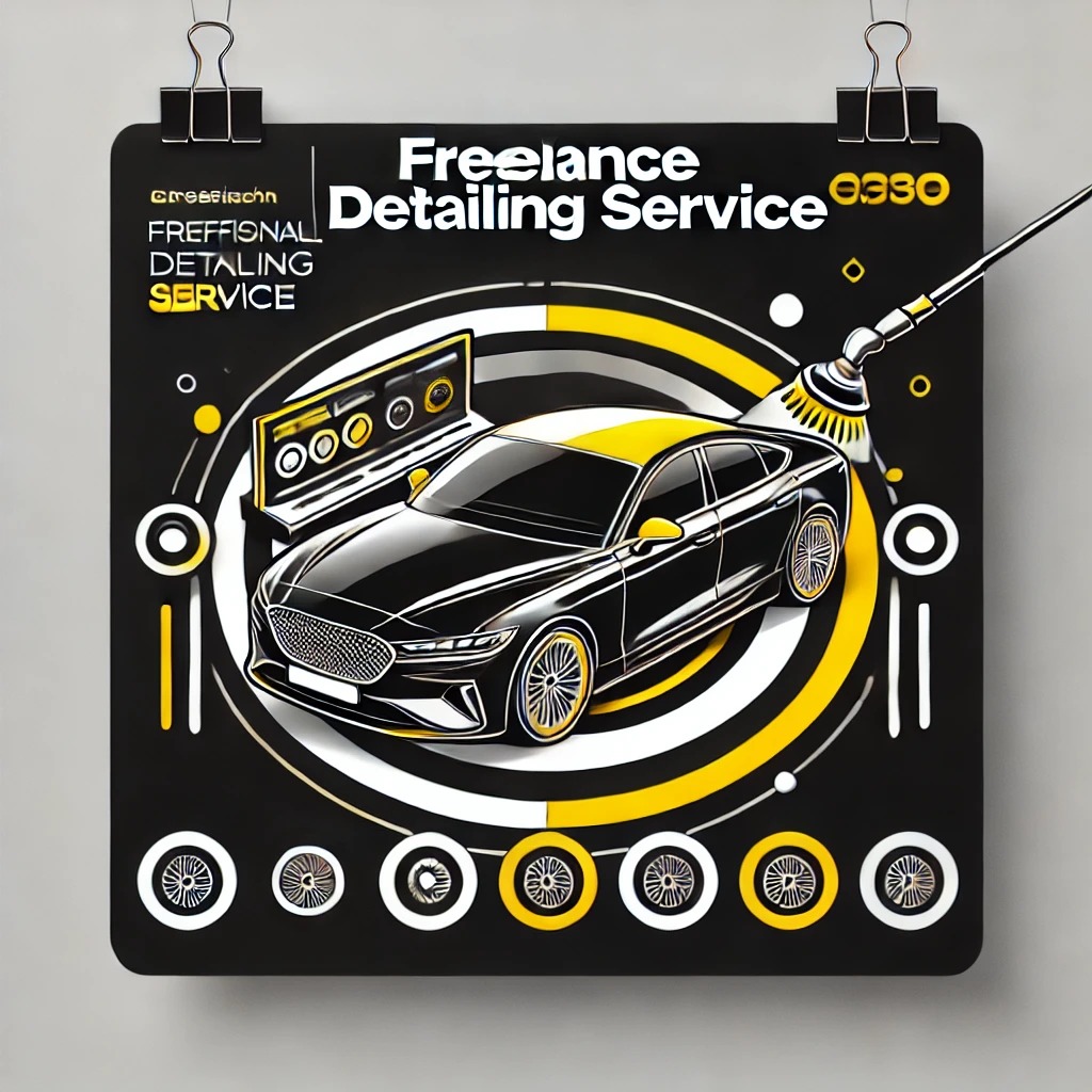 Sebuah mobil mewah menjalani layanan detailing freelance profesional dengan tema warna hitam, kuning, dan putih.