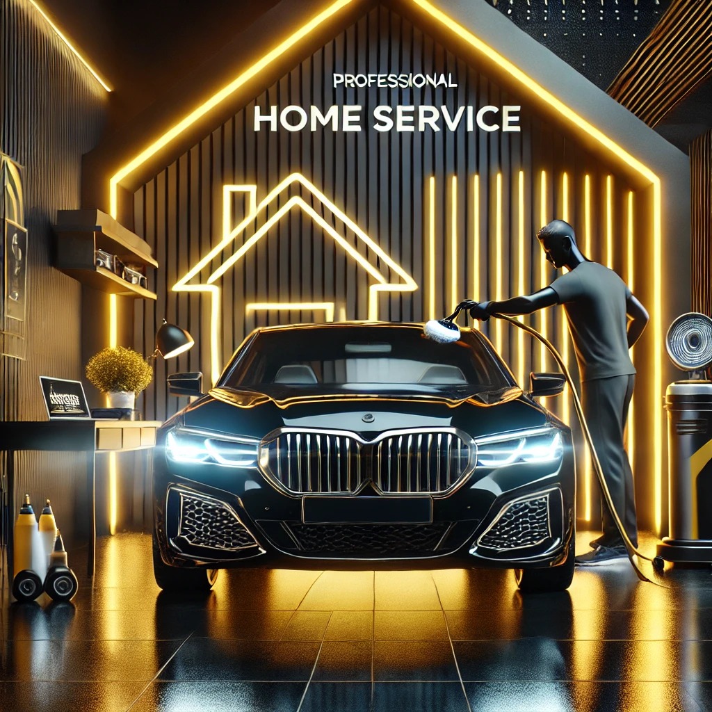 Mobil mewah sedang mendapatkan layanan detailing home service dengan sentuhan profesional.