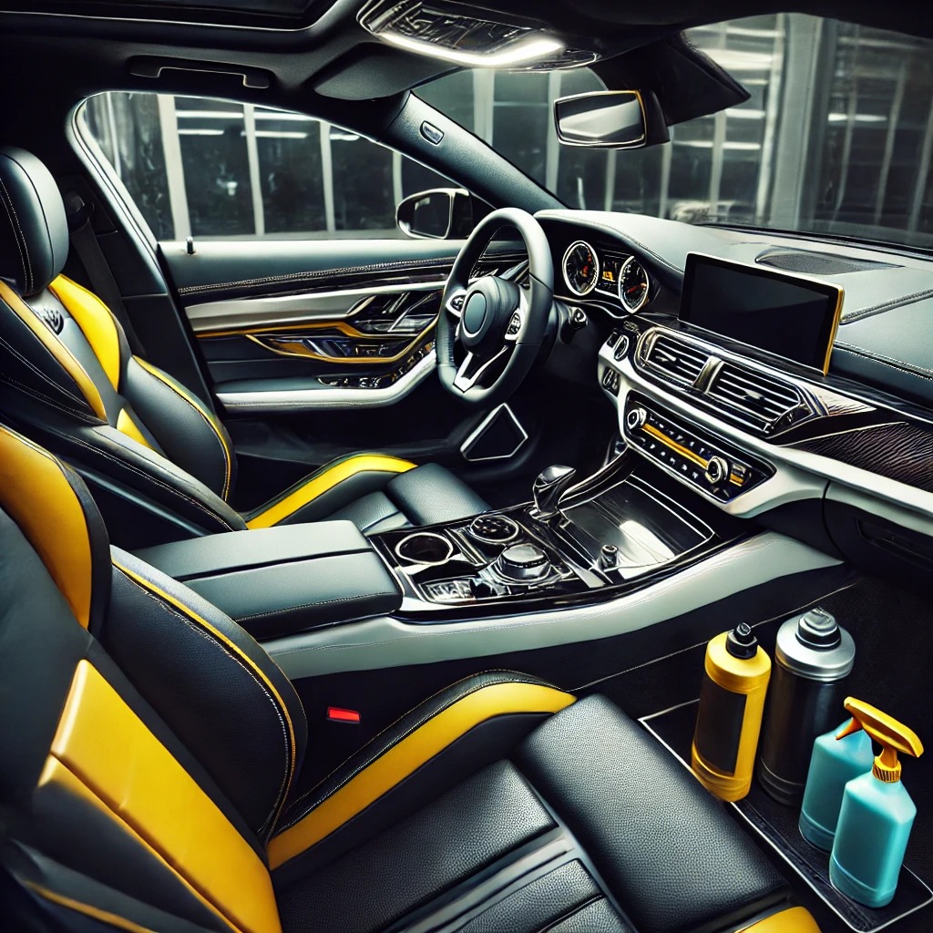 Interior mobil mewah dalam proses detailing dengan tampilan premium di salon mobil berwarna hitam, kuning, dan putih.