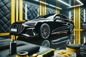 Mobil mewah sedang menjalani perawatan detailing lengkap di studio salon mobil modern dengan alat profesional.