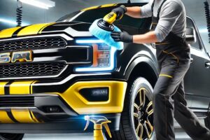 Mobil pick up sedang mendapatkan layanan detailing profesional di salon mobil modern dengan nuansa hitam, kuning, dan putih.