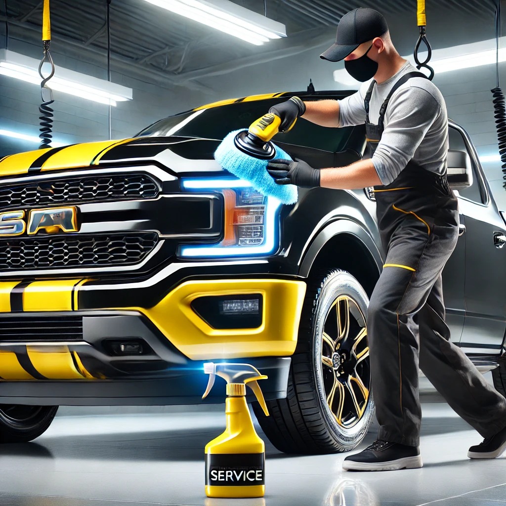 Mobil pick up sedang mendapatkan layanan detailing profesional di salon mobil modern dengan nuansa hitam, kuning, dan putih.