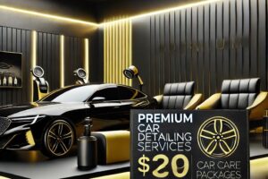 Voucher premium untuk layanan detailing salon mobil di studio modern dengan nuansa hitam, kuning, dan putih.