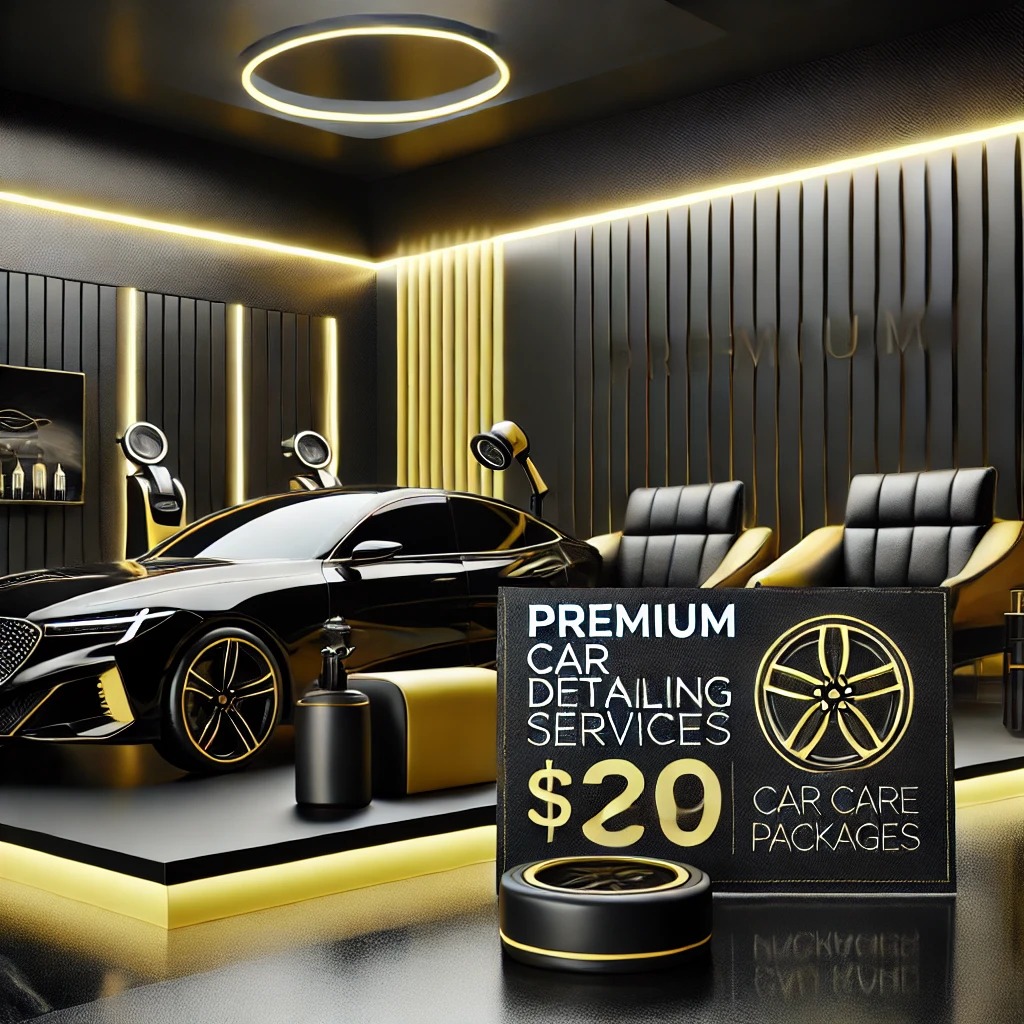 Voucher premium untuk layanan detailing salon mobil di studio modern dengan nuansa hitam, kuning, dan putih.