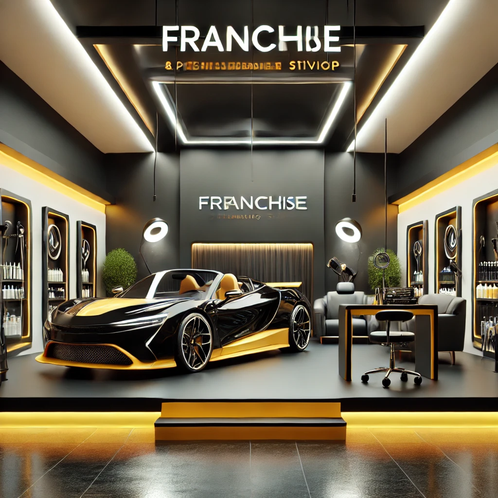 Studio detailing mobil dengan desain modern, dominasi warna hitam, kuning, dan putih, menampilkan layanan premium.