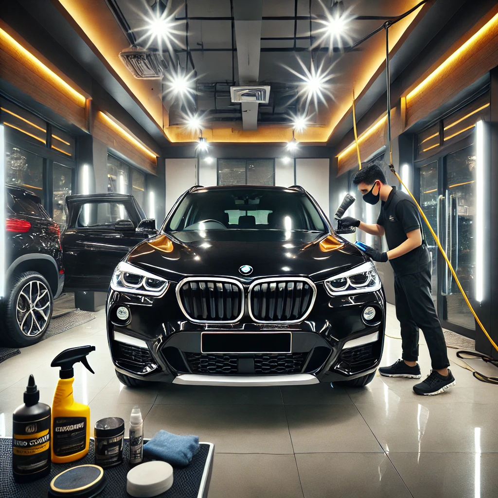 BMW X1 menjalani proses auto detailing profesional di salon mobil Bandung.