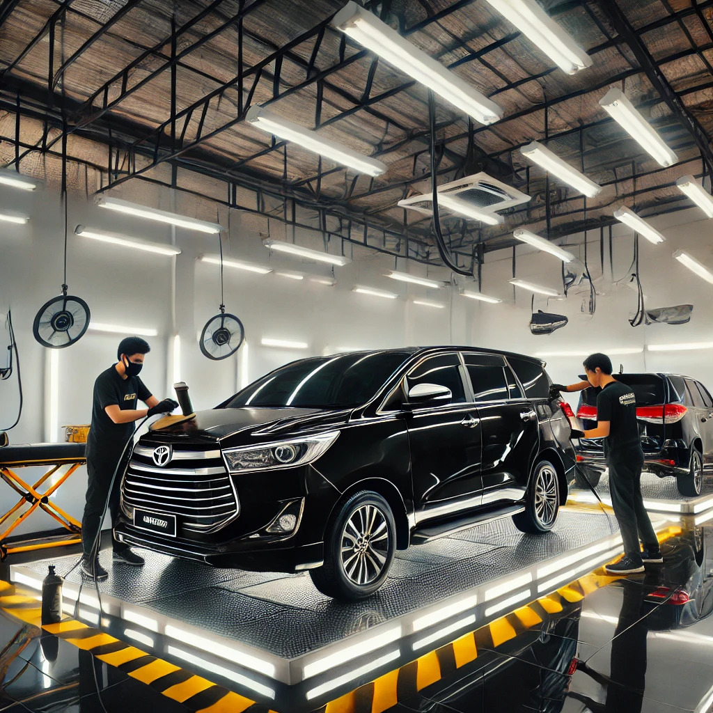 Toyota Kijang Innova menjalani proses detailing di salon mobil Bandung.
