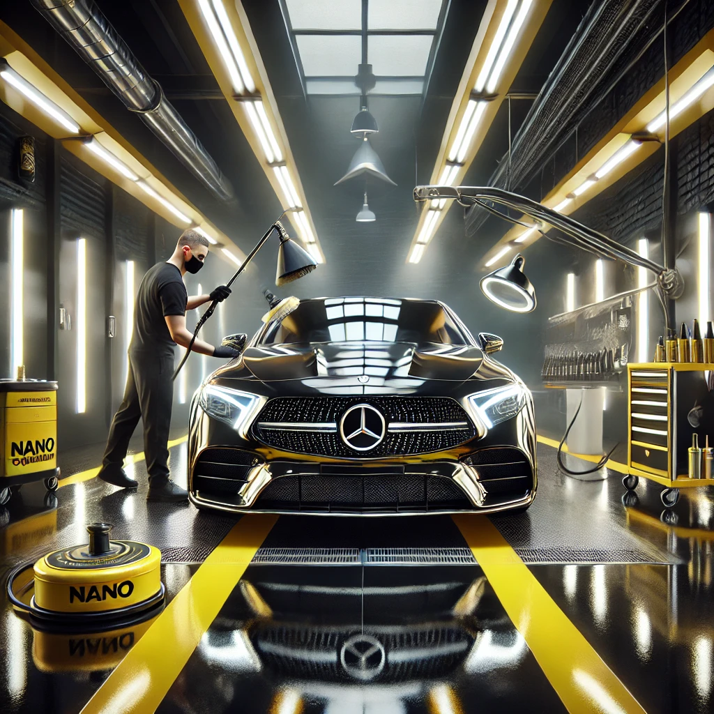 Mercedes-Benz sedang menjalani detailing premium di Bandung dengan layanan poles dan nano coating agar tampil lebih kinclong dan terlindungi.