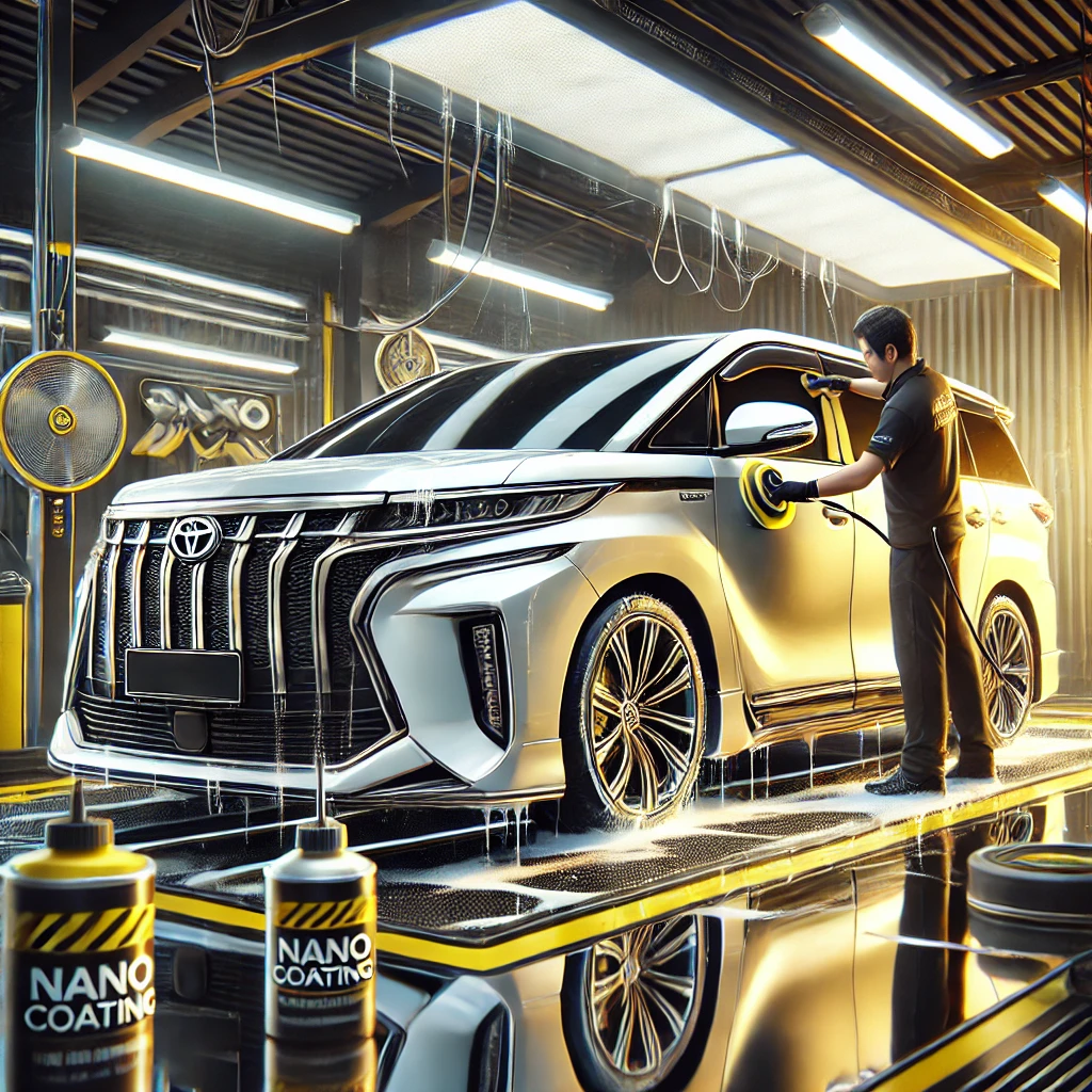 Toyota Alphard sedang menjalani detailing premium di Bandung dengan layanan poles dan nano coating agar tampil lebih kinclong dan terlindungi.