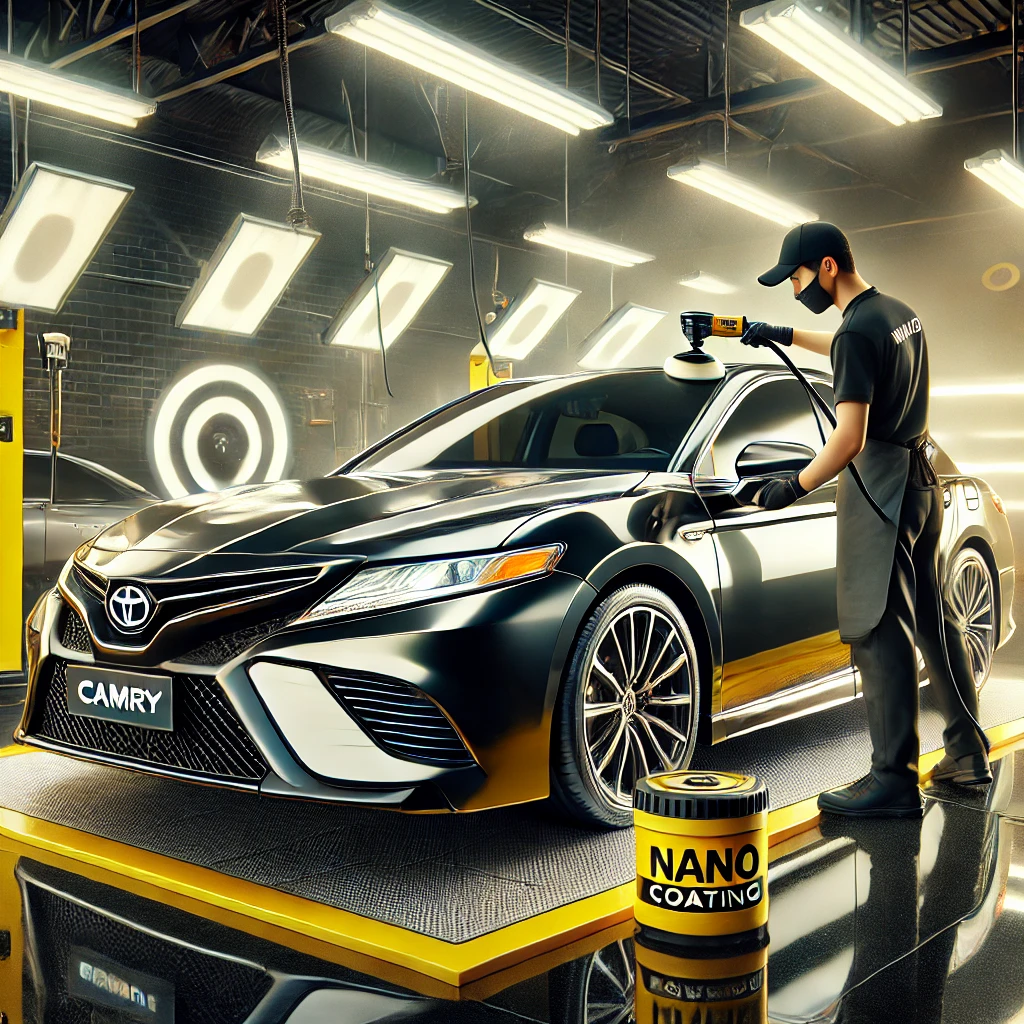 Toyota Camry sedang menjalani detailing premium di Bandung dengan layanan poles dan nano coating agar tampil lebih kinclong dan terlindungi.