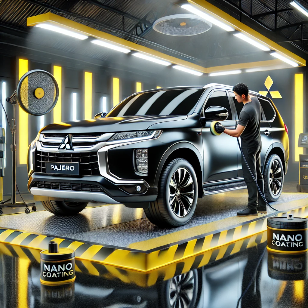 Mitsubishi Pajero sedang menjalani detailing premium di Bandung dengan layanan poles dan nano coating agar tampil lebih kinclong dan terlindungi.