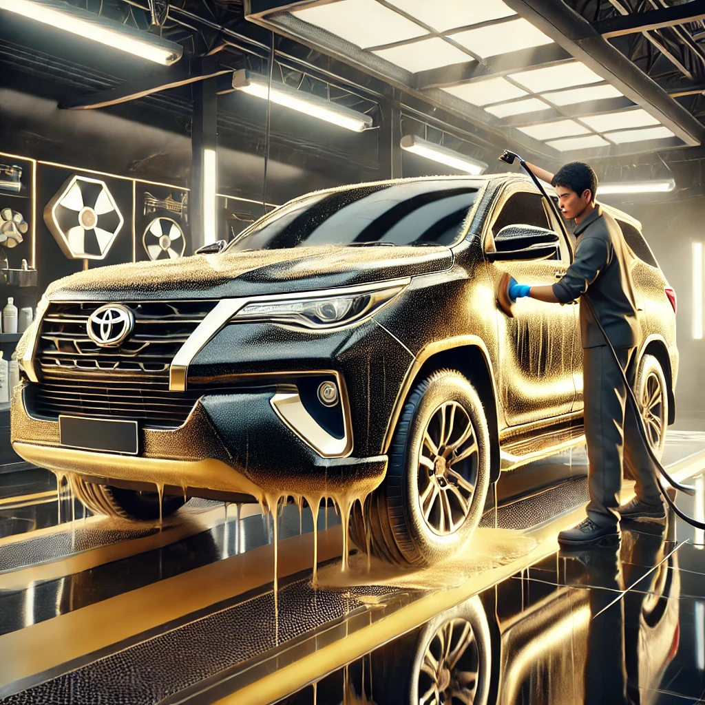 Toyota Fortuner sedang menjalani detailing premium di Bandung dengan layanan poles dan nano coating agar tampil lebih kinclong dan terlindungi.