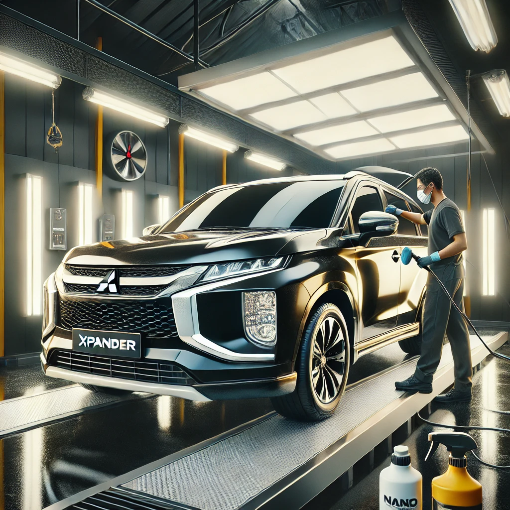 Mitsubishi Xpander sedang menjalani detailing premium di Bandung dengan layanan poles dan nano coating agar tampil lebih kinclong dan terlindungi.