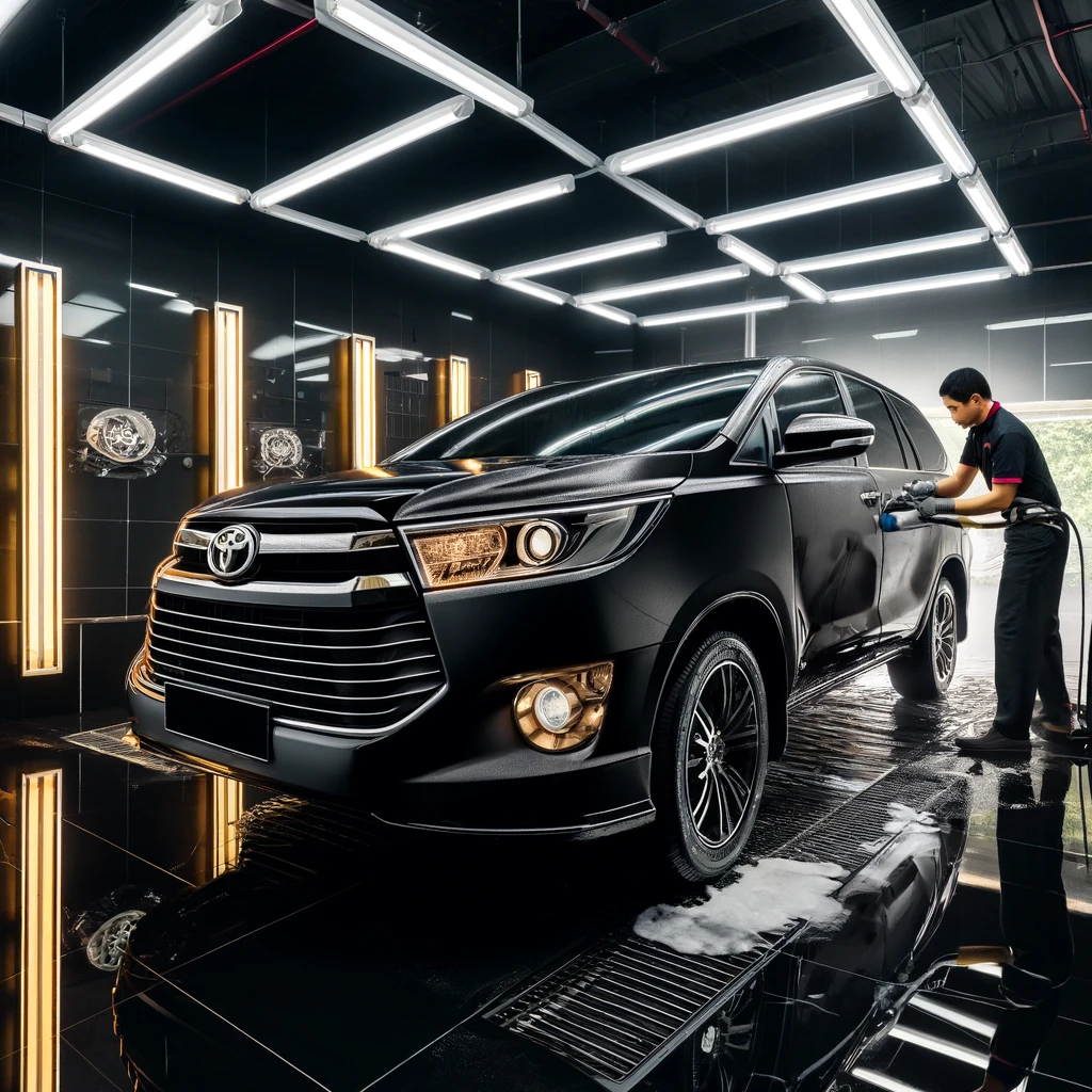 Toyota Kijang Innova hitam setelah AutoDetailing, tampil lebih kinclong dan bersih di salon mobil Bandung.