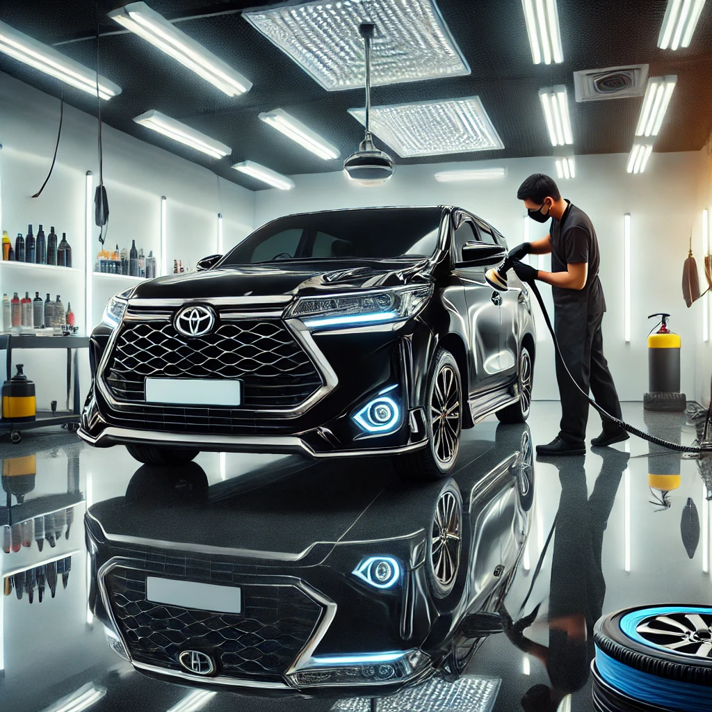 Toyota Avanza hitam setelah AutoDetailing, tampil lebih kinclong dan bersih di salon mobil Bandung.