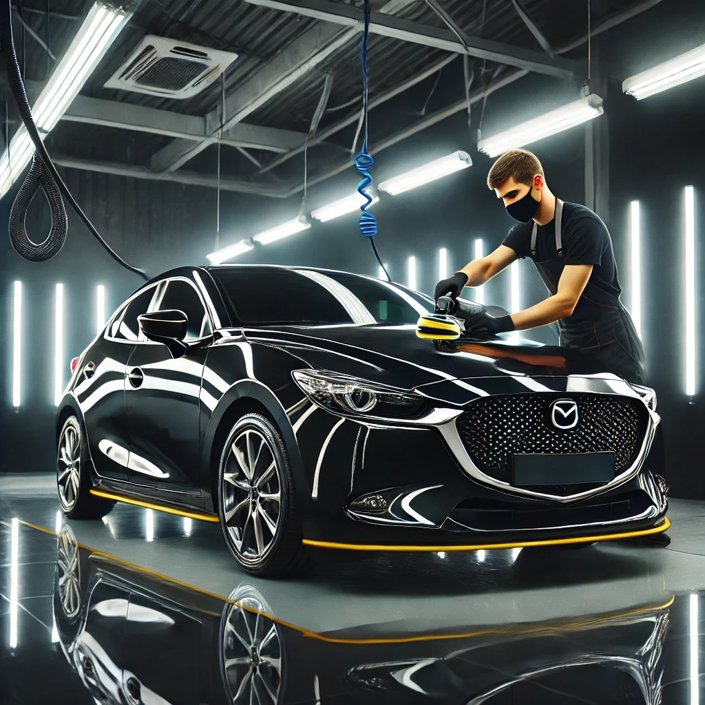 Mazda 2 merah setelah AutoDetailing, tampil lebih glossy dan terlindungi dari baret dan debu di salon mobil Bandung.