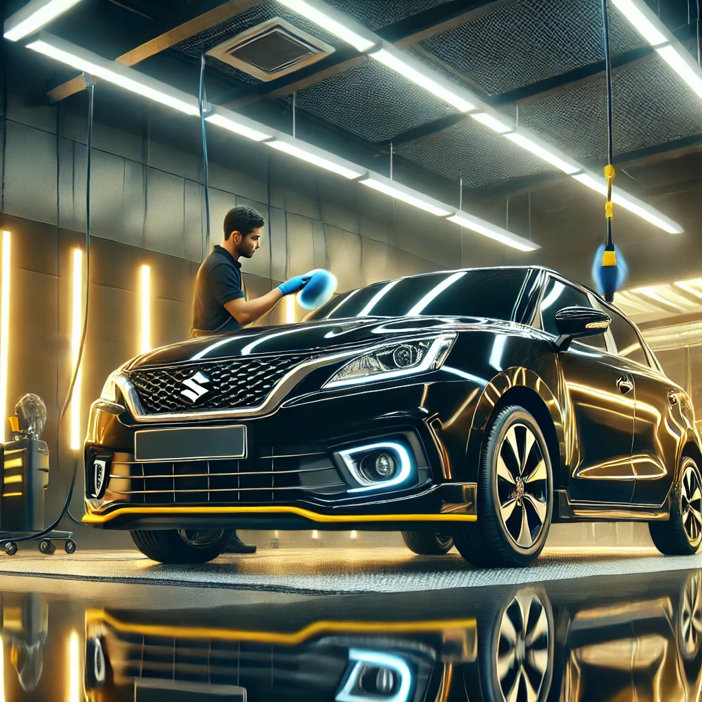 Suzuki Baleno Hatchback biru setelah AutoDetailing, tampil lebih glossy dan terlindungi dari baret dan debu di salon mobil Bandung.
