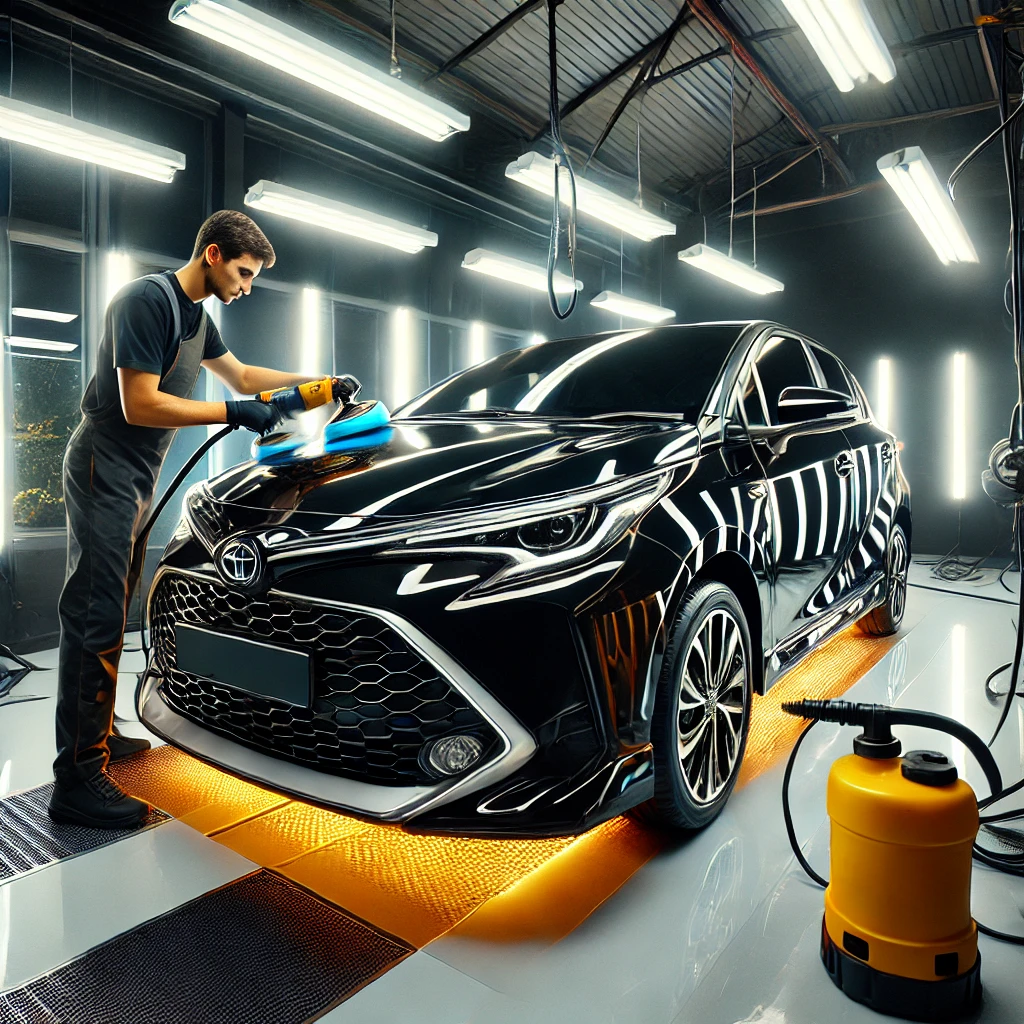 Toyota Agya putih setelah AutoDetailing, tampil lebih glossy dan terlindungi dari baret dan debu di salon mobil Bandung.