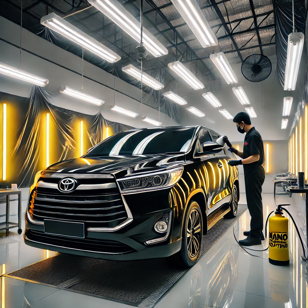 Toyota Kijang Innova hitam setelah Nano Coating, tampil lebih glossy dan terlindungi dari baret dan debu di salon mobil Bandung.