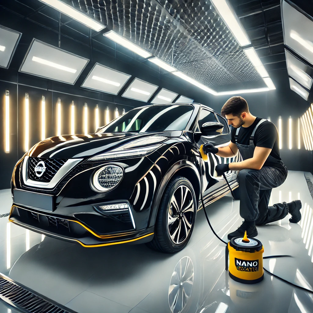 Nissan Juke setelah Nano Coating, tampil lebih glossy dan terlindungi dari baret dan debu di salon mobil Bandung.