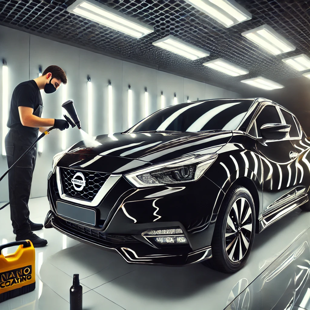 Nissan March merah setelah Nano Coating, tampil lebih glossy dan terlindungi dari baret dan debu di salon mobil Bandung.