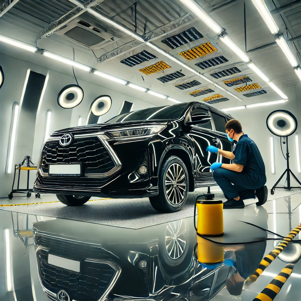 Toyota Avanza hitam setelah Nano Coating, tampil lebih glossy dan terlindungi dari baret dan debu di salon mobil Bandung.