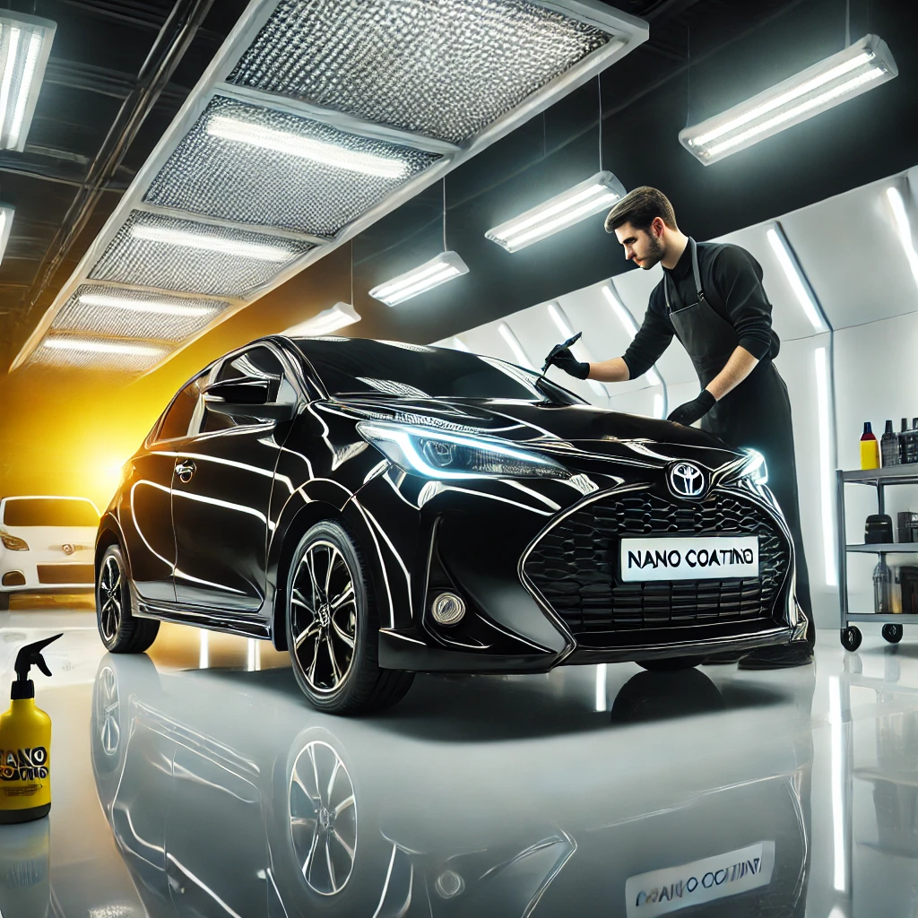 Toyota Yaris merah setelah Nano Coating, tampil lebih glossy dan terlindungi dari baret dan debu di salon mobil Bandung.