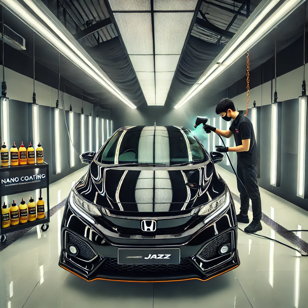 Honda Jazz merah setelah Nano Coating, tampil lebih glossy dan terlindungi dari baret dan debu di salon mobil Bandung.