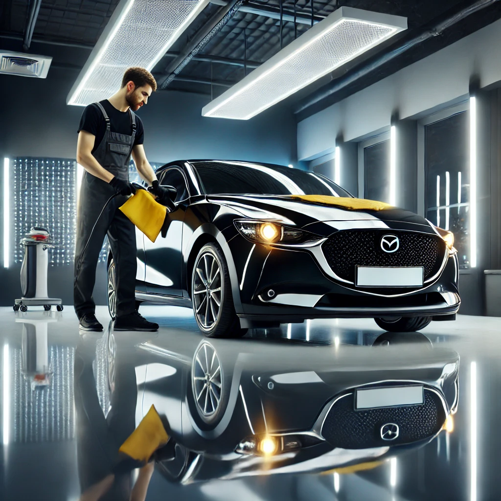 Mazda 2 merah setelah Nano Coating, tampil lebih glossy dan terlindungi dari baret dan debu di salon mobil Bandung.