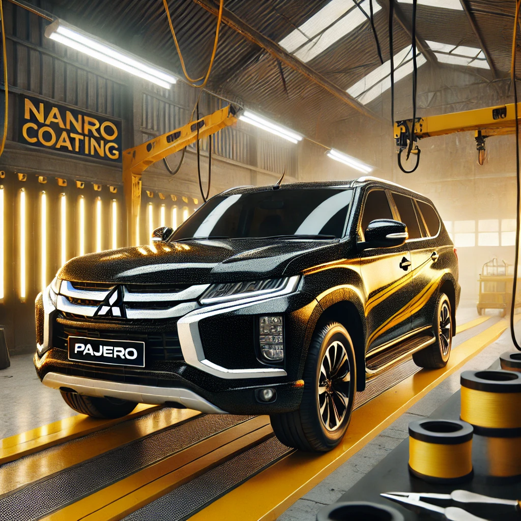 Mitsubishi Pajero sedang menjalani proses nano coating di workshop profesional Bandung dengan hasil kilap maksimal.