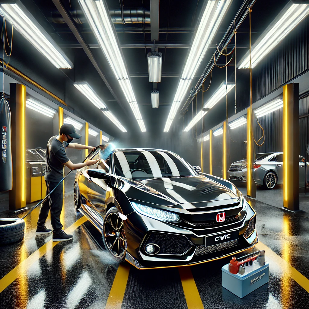 Honda Civic sedang menjalani detailing premium di Bandung dengan layanan poles dan nano coating agar tampil lebih kinclong dan terlindungi.