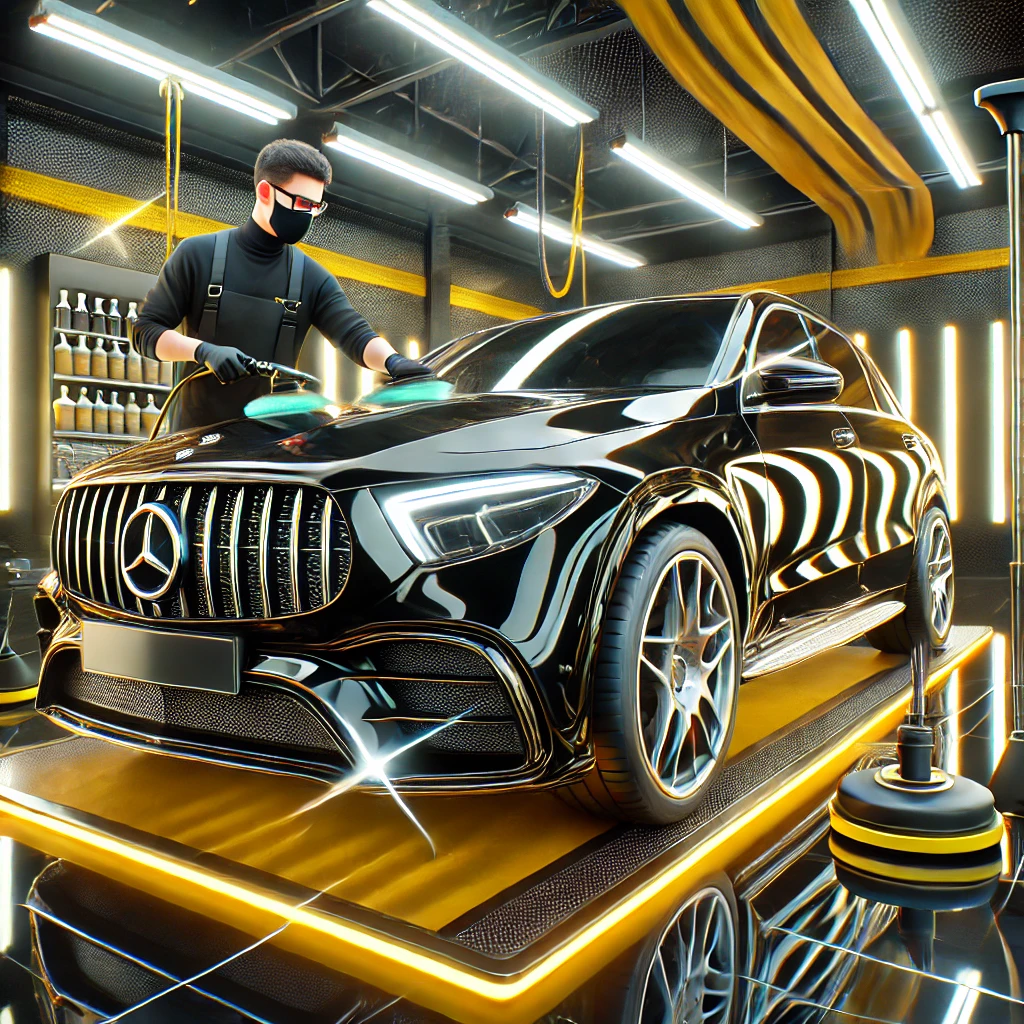 Mercedes-Benz sedang menjalani detailing premium di Bandung dengan layanan poles dan nano coating agar tampil lebih kinclong dan terlindungi.