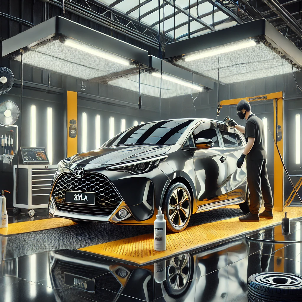 Toyota Ayla sedang menjalani detailing premium di Bandung dengan layanan poles dan nano coating agar tampil lebih kinclong dan terlindungi.