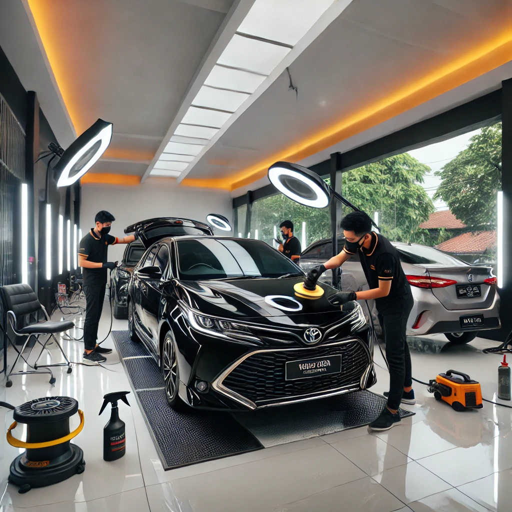Toyota Calya menjalani proses detailing di salon mobil Bandung.