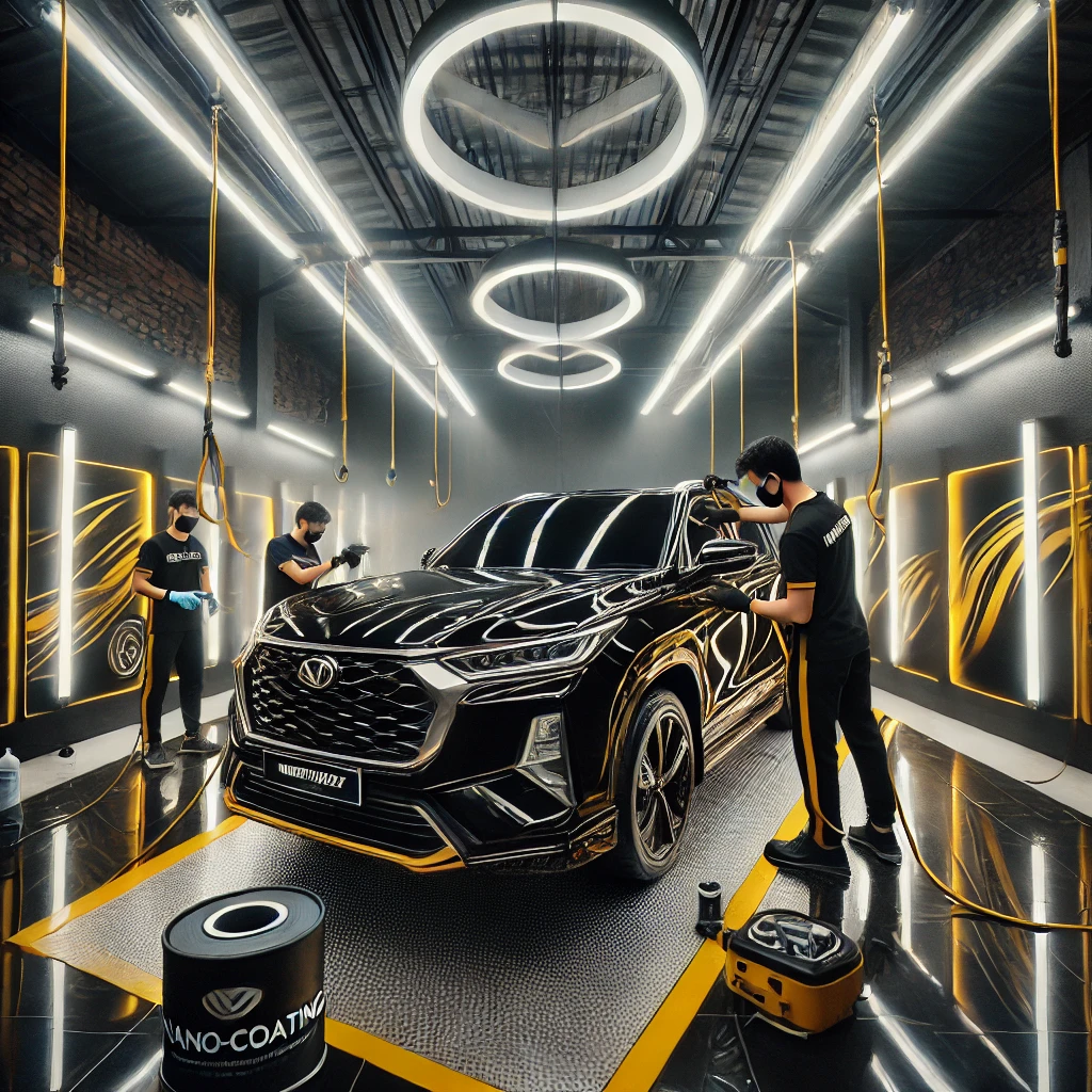 Mobil Wuling Almaz sedang dalam proses perawatan salon mobil profesional di Bandung.