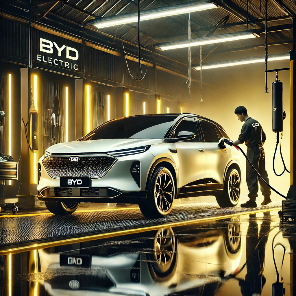 BYD sedang menjalani detailing premium di Bandung dengan layanan poles dan nano coating agar tampil lebih kinclong dan terlindungi.