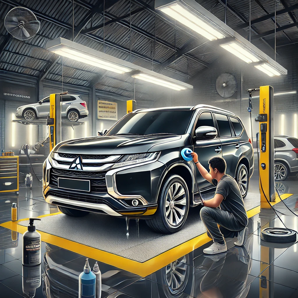 Mitsubishi Pajero sedang menjalani detailing premium di Bandung dengan layanan poles dan nano coating agar tampil lebih kinclong dan terlindungi.