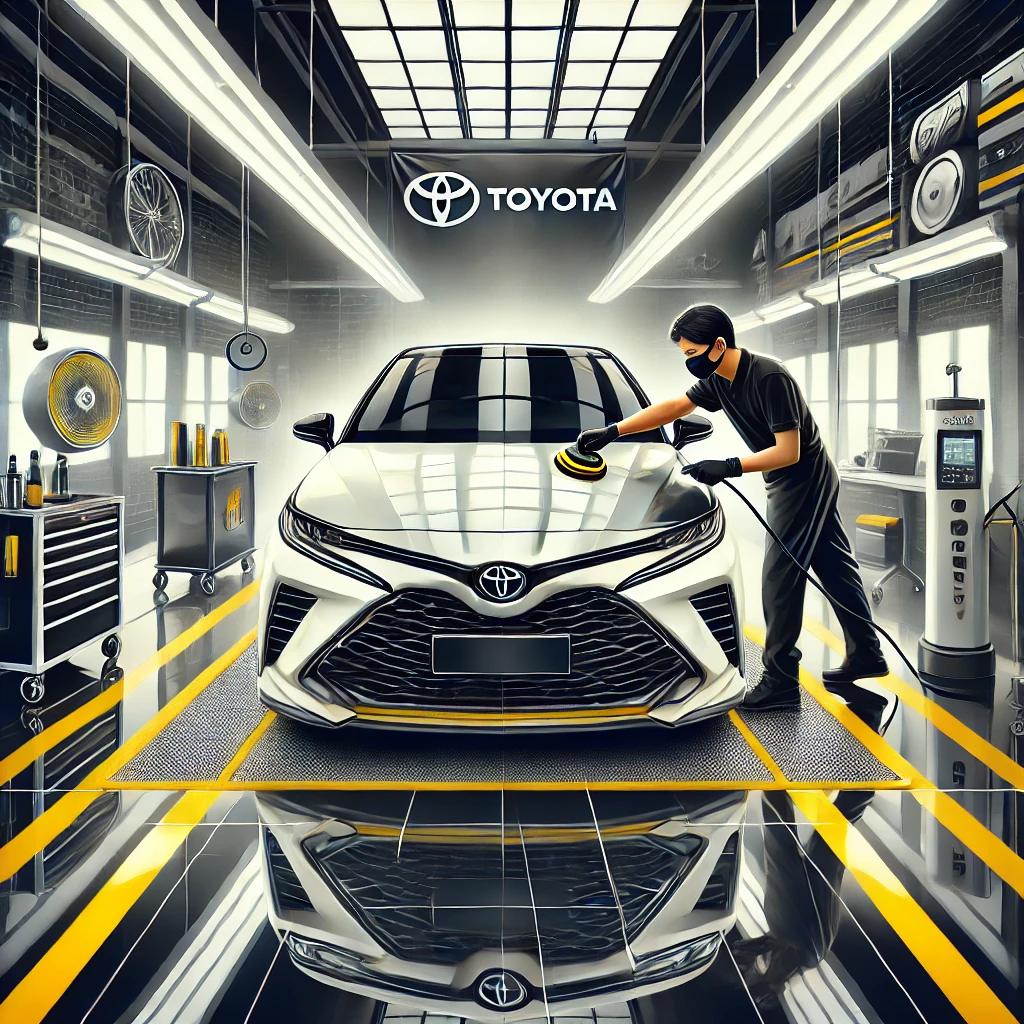 Toyota sedang menjalani detailing premium di Bandung dengan layanan poles dan nano coating agar tampil lebih kinclong dan terlindungi.