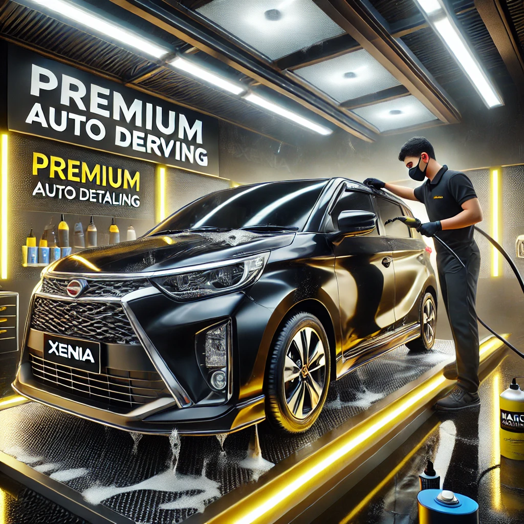 Daihatsu Xenia sedang menjalani detailing premium di salon mobil Bandung dengan layanan poles dan nano coating untuk tampilan lebih kinclong.