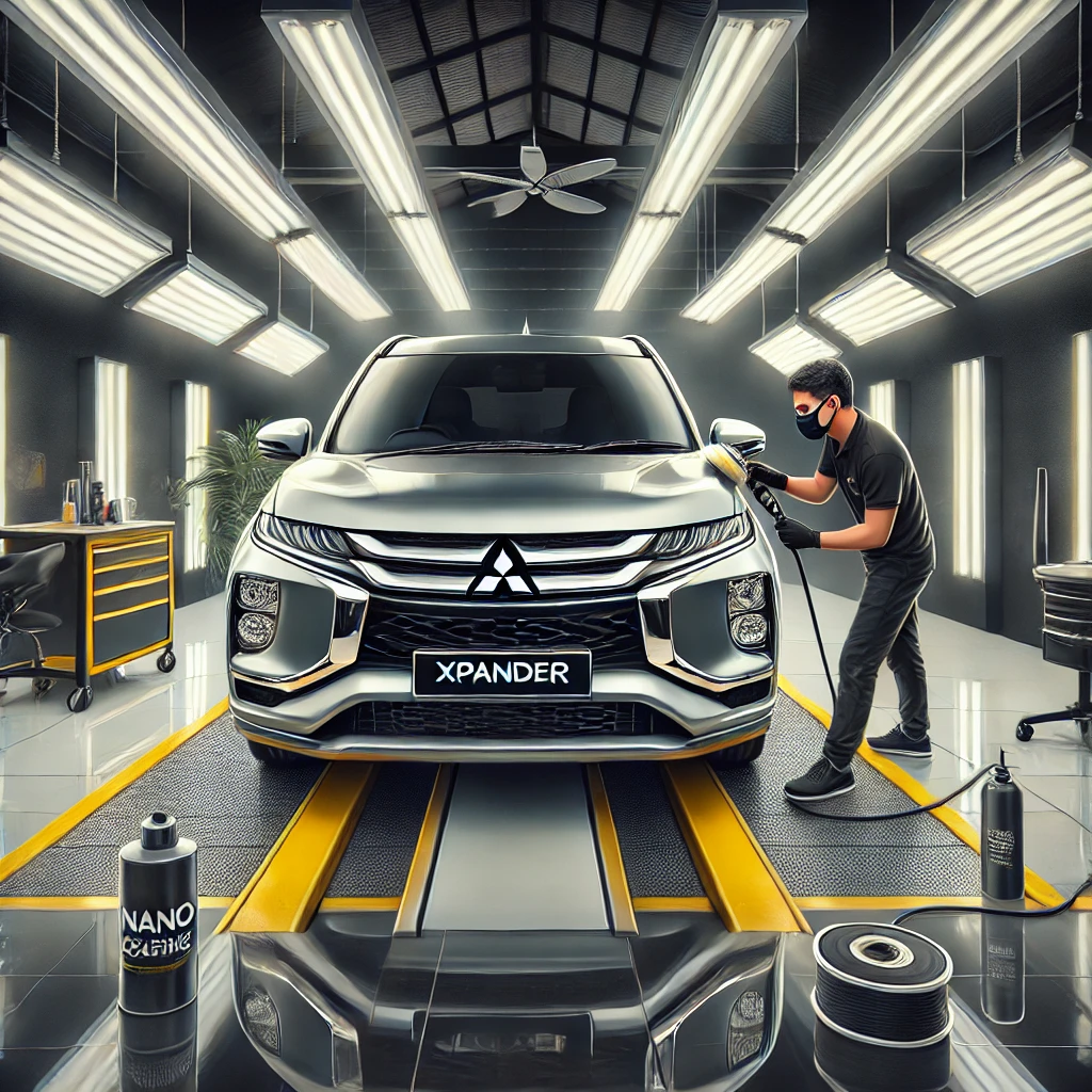 Mitsubishi Xpander sedang menjalani detailing premium di Bandung dengan layanan poles dan nano coating agar tampil lebih kinclong dan terlindungi.