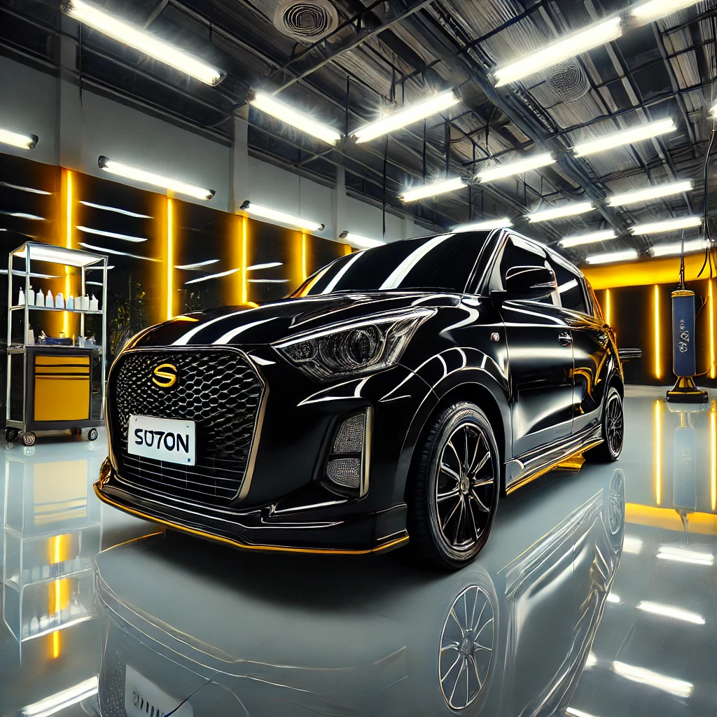 Daihatsu Sirion hitam mengkilap setelah auto detailing & nano coating di Bandung